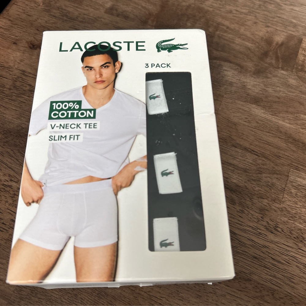 Lacoste 100% Cotton V-Neck Tee Slim Fit- 3 Pack Black- Undershirt- New In Box-XS